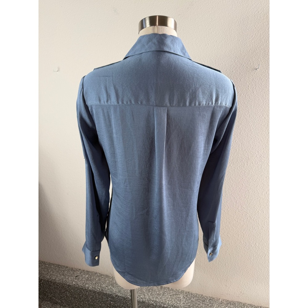 Express Portofino Shirt Womens Small Slim Fit Blue Roll Tab Sleeve Button Up Top - Picture 7 of 7